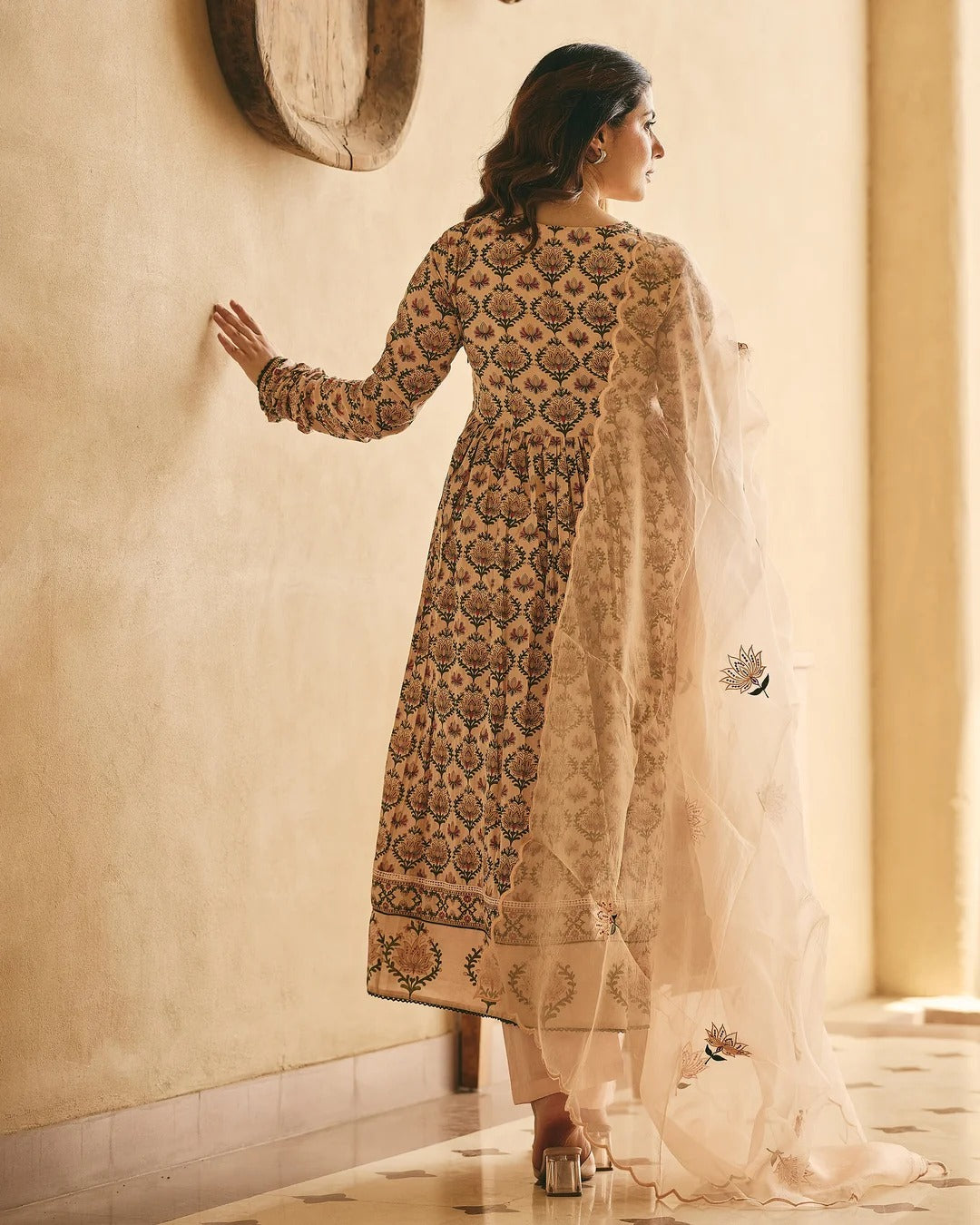 Beige Floral Printed Anarkali Suit Set with Organza Dupatta for Women
