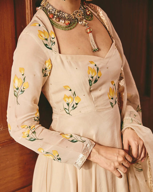 Cream Anarkali Suit Set with Floral Embroidered Dupatta for Women