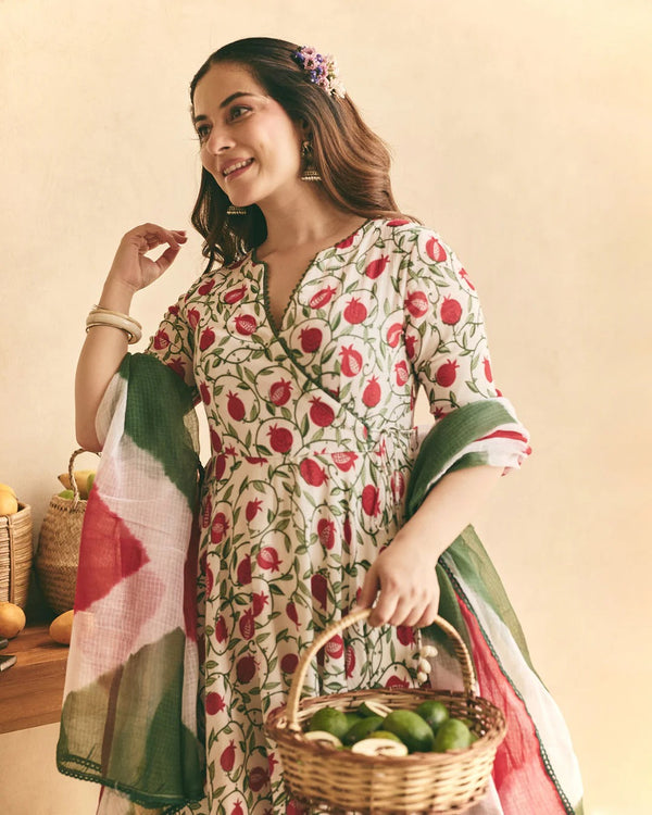 White Floral Printed Anarkali Suit Set with Cotton Dupatta for Women