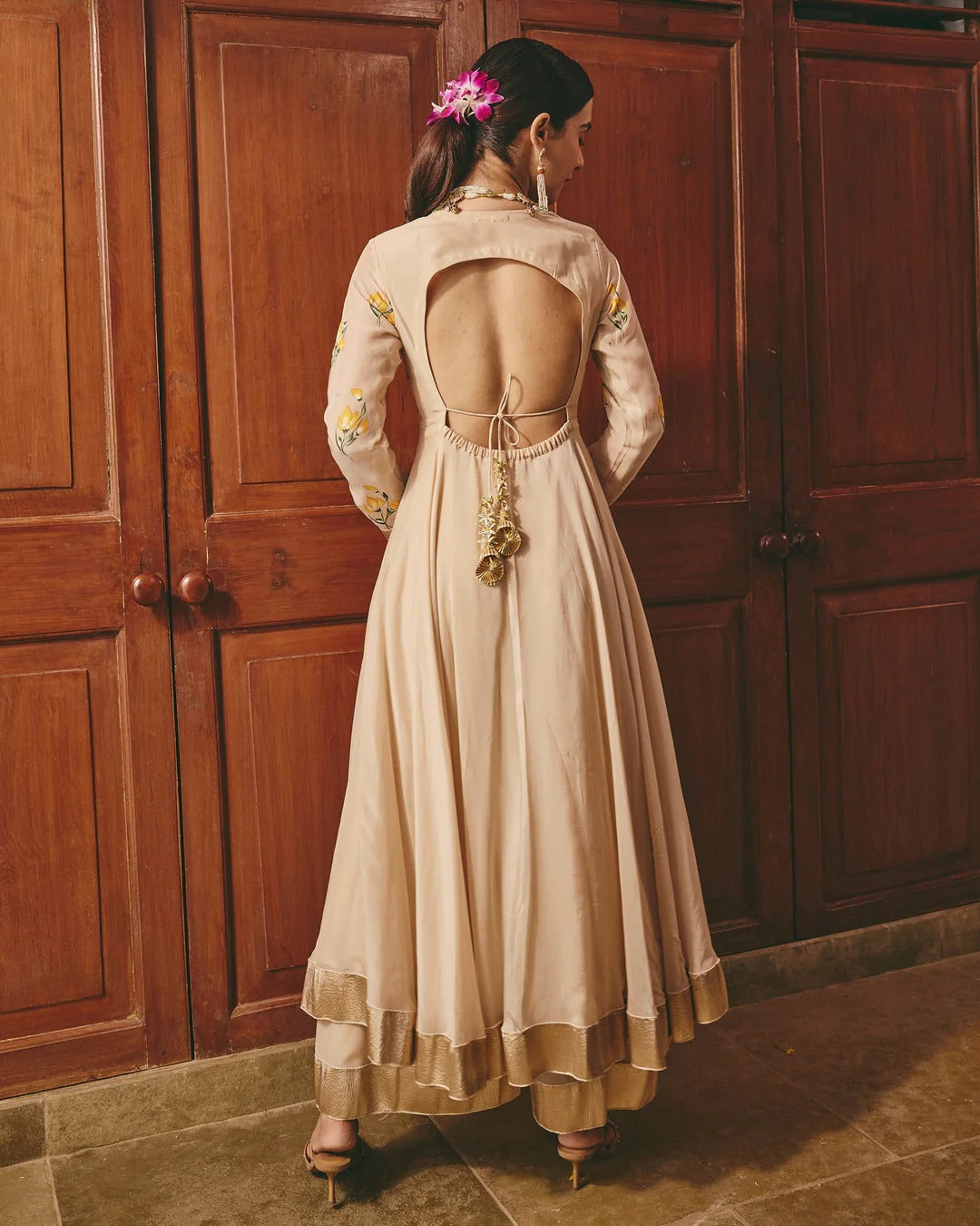Cream Anarkali Suit Set with Floral Embroidered Dupatta for Women