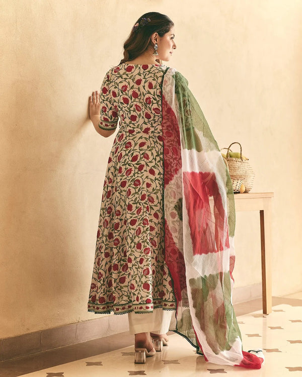 White Floral Printed Anarkali Suit Set with Cotton Dupatta for Women