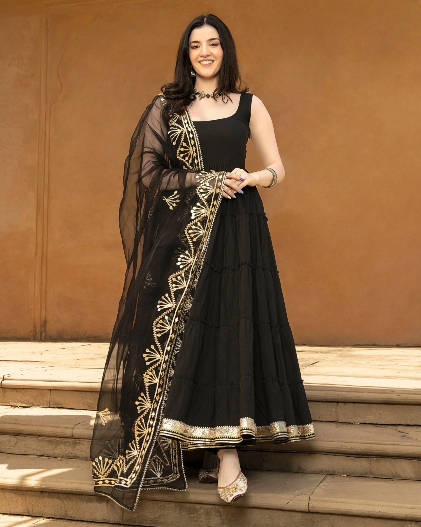 Black Tiered Anarkali Suit Set with Embroidered Dupatta for Women